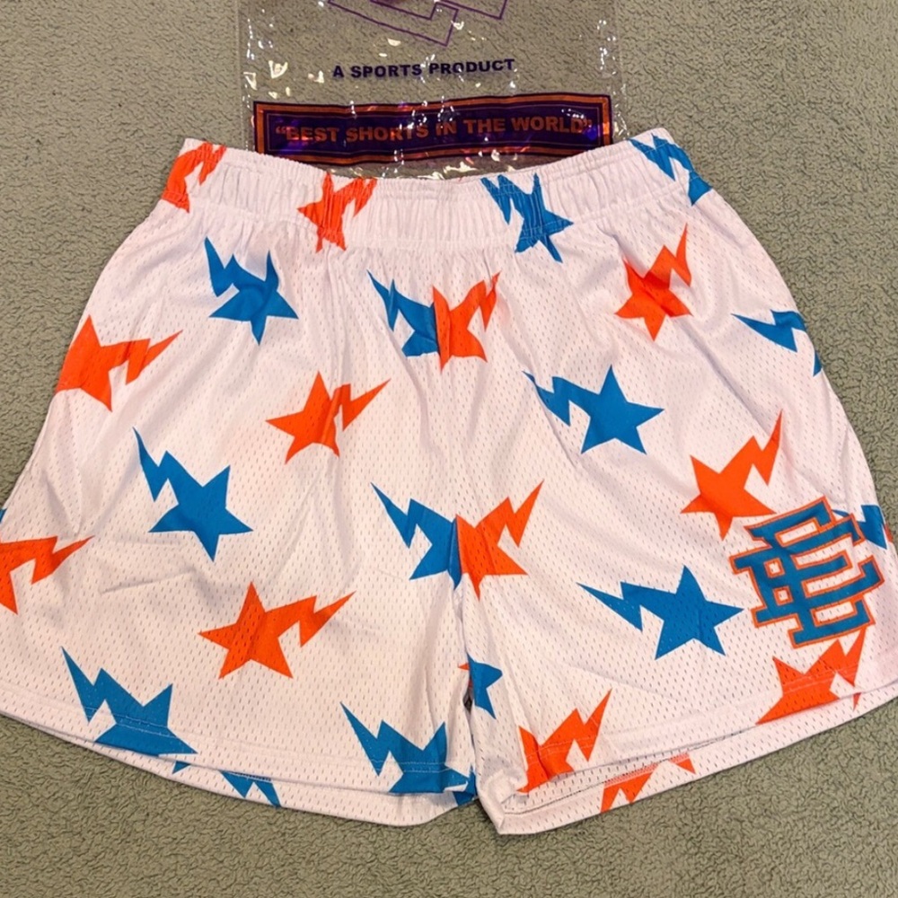 NEW Eric Emanuel x Bape EE Shorts White Blue Orange Mens Medium